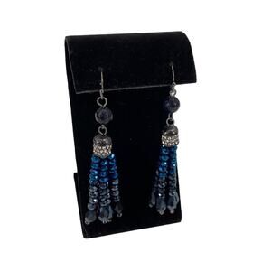 Handmade Blue and black beaded tassel earrings